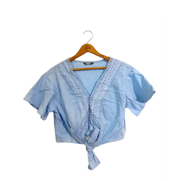 Powder Blue Tie Front Crop Top - Light Blue Cropped Blouse - Picture 1 of 4